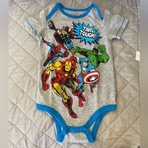 Two Marvel superhero onesies